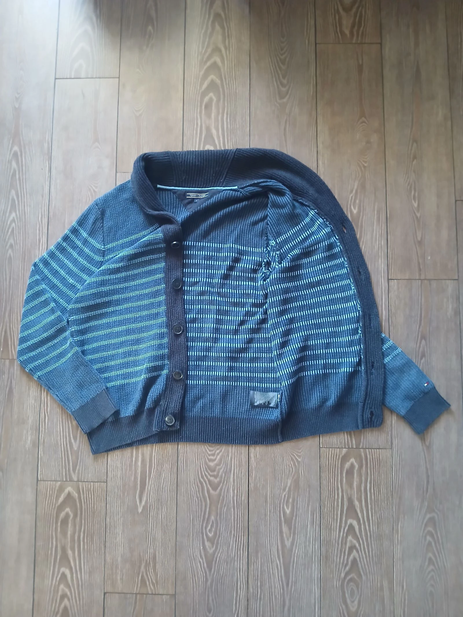 Tommy Hilfiger blauwe gestreepte shawl kraag cardigan trui maat L vintage gebreid – photo 5